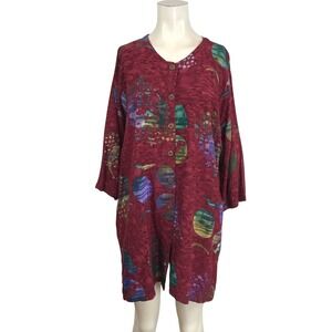 LA LUNA LOCA - WOMEN'S LARGE MAROON BUTTON UP ART TO WEAR TUNIC TOP